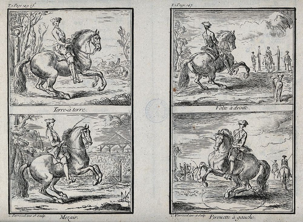 A horseman showing four different dressage exercises with his horse, including a basic gait, a circle to the right, and a…