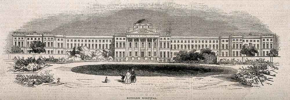The Hospital of Bethlem [Bedlam], St. George's Fields, Lambeth. Wood engraving, 1848.