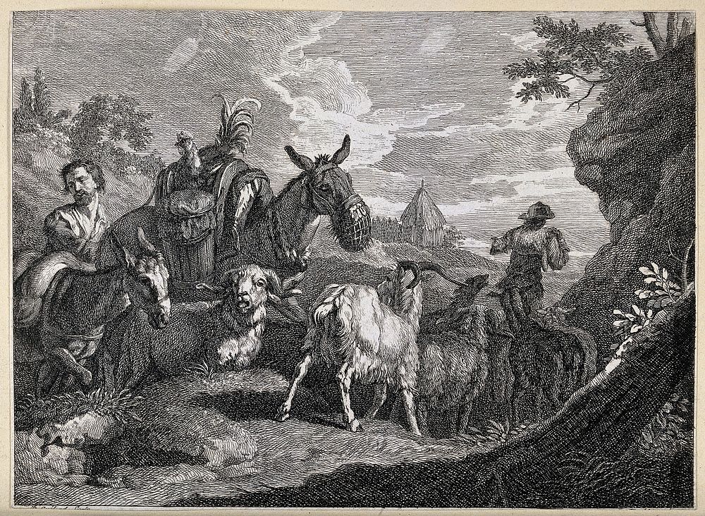 A bucolic scene with pack-horses and other animals resting outside a village. Etching.