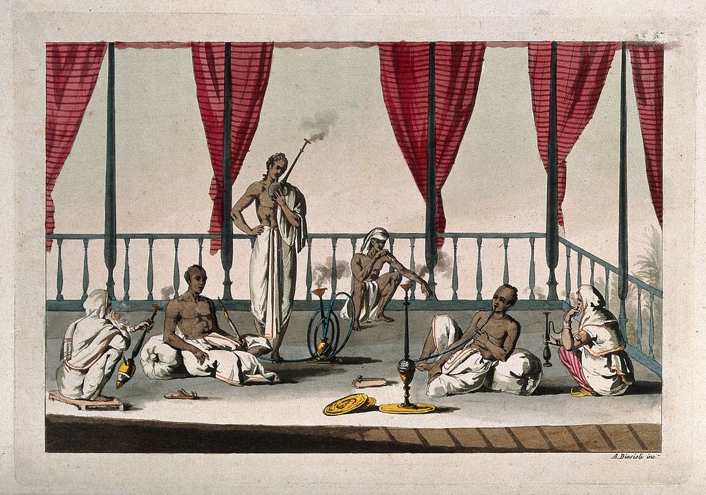 Six Indian men smoking a variety of pipes and hookas. Coloured aquatint with etching by A. Biasioli, c. 1815.