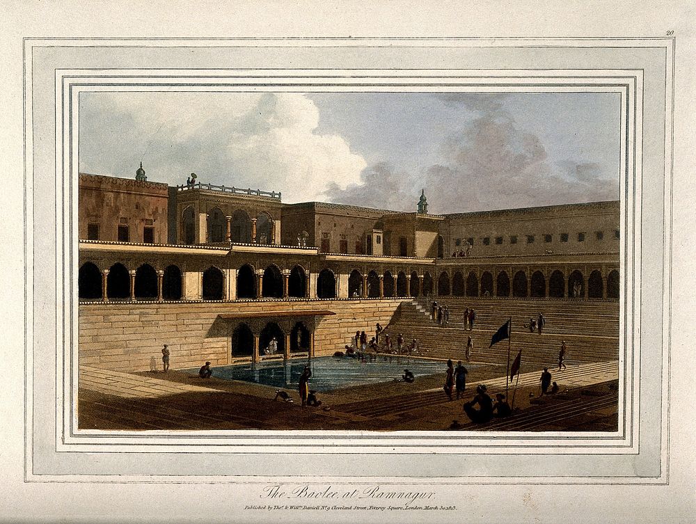 Baolee at Ramnagur, Benares, India: the public bath in the Ramnagur Palace. Coloured aquatint, 1813.