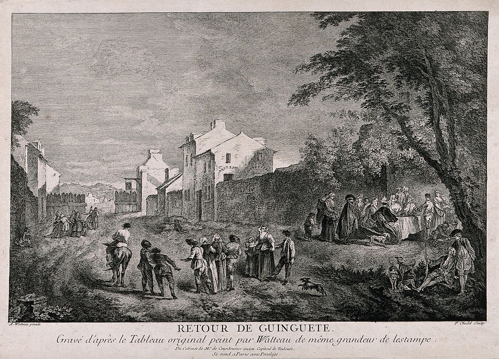 A country village: people feast round a table while others walk home in drunken groups. Etching by P. Chedel after A.…