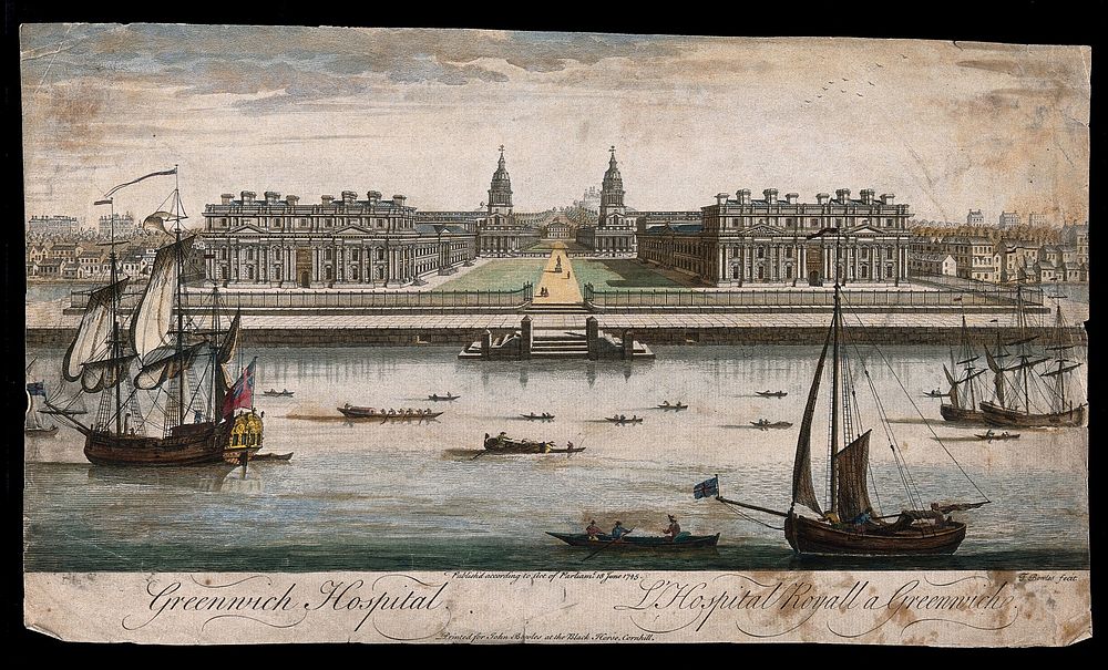 Royal Naval Hospital, Greenwich, with houses either side, ships and rowing boats in the foreground. Coloured engraving by T.…