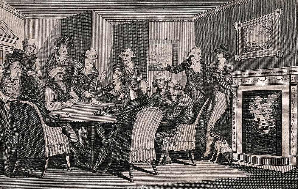 Men gathered around a table as Philidor plays a game of chess wearing a blindfold. Engraving.