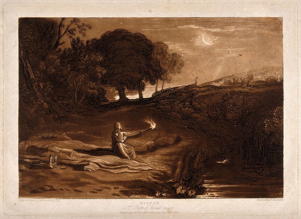 Rizpah keeps watch in the tranquil night over the decaying bodies of her sons. Mezzotint by R. Dunkarton and J.M.W. Turner…