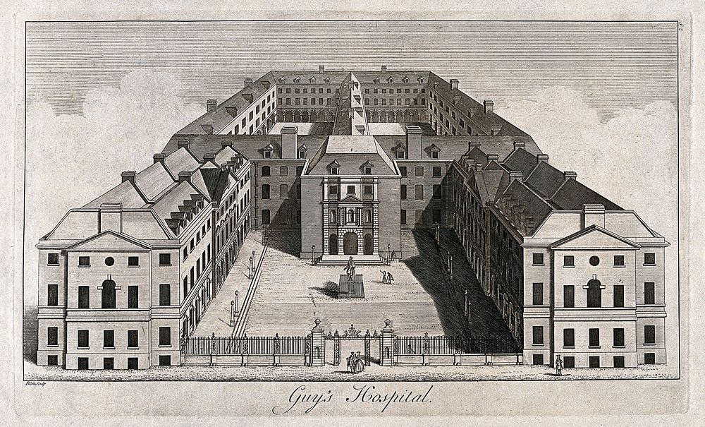 Guy's Hospital, Southwark: an aerial view. Engraving by B. Cole, 1756, after R. West, 1738.