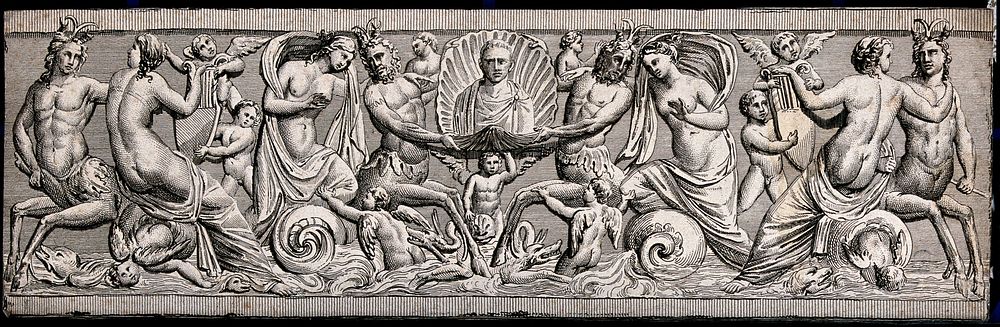 The tomb effigy of a man accompanied by nereids, marine centaurs and sea monsters. Engraving.