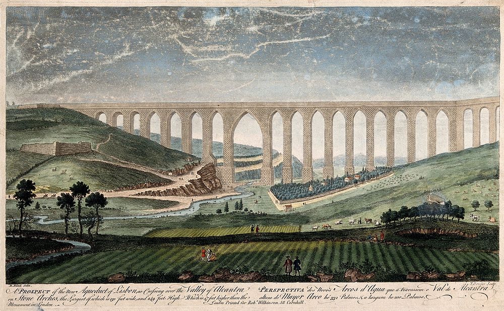 Aqueduct, Lisbon, Portugal: panoramic view over the Valley of Alcantra. Coloured line engraving by T. Bowles after R. Black.