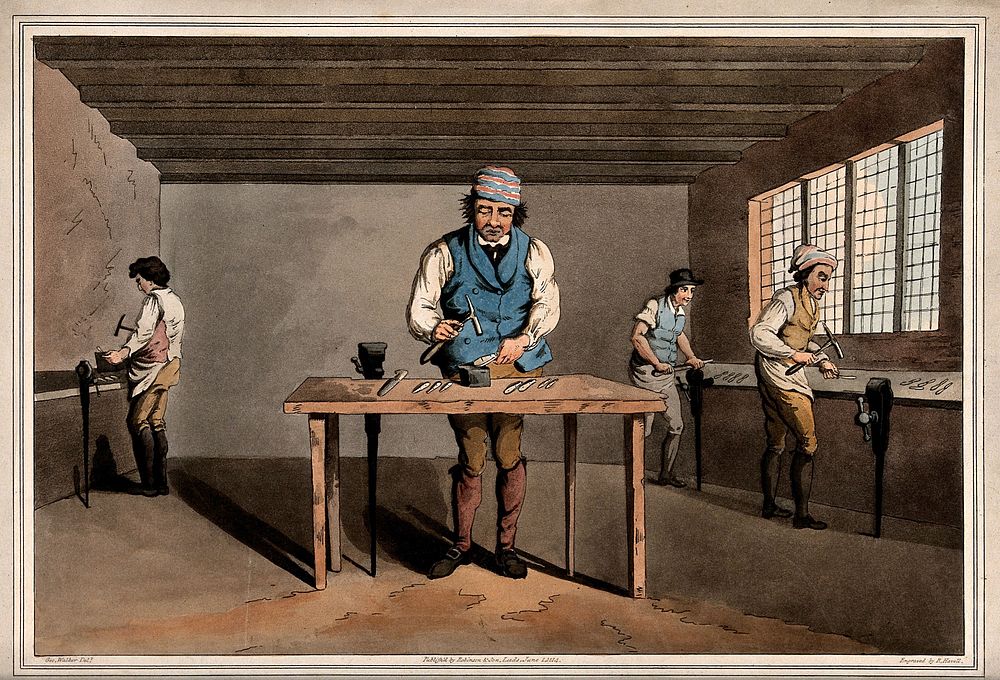 Sheffield: four cutlers working at benches with hammers and vices. Coloured aquatint by R. Havell after G. Walker.