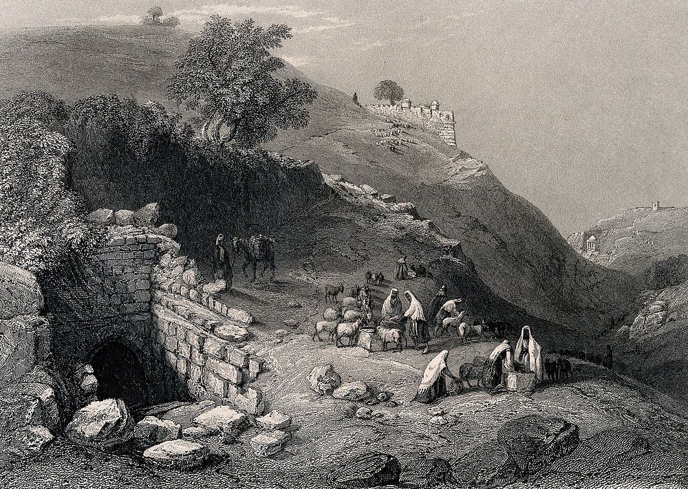 Well of the Virgin, Jerusalem. Line engraving by J.C. Armytage after W.H. Bartlett.