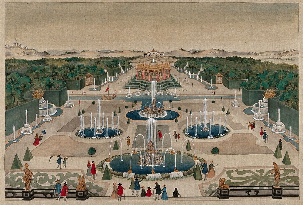 The gardens of a European palace with many fountains and with people wearing eighteenth-century costumes. Gouache painting.