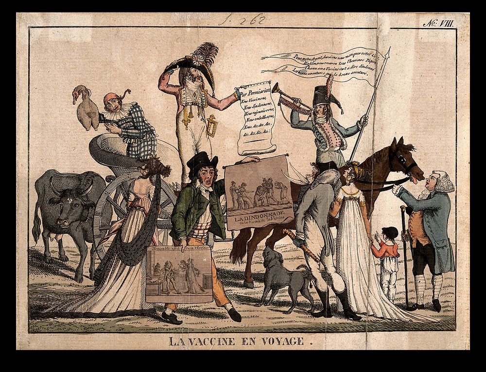 A procession of health officials ironically proclaiming the coming of vaccination. Coloured etching.