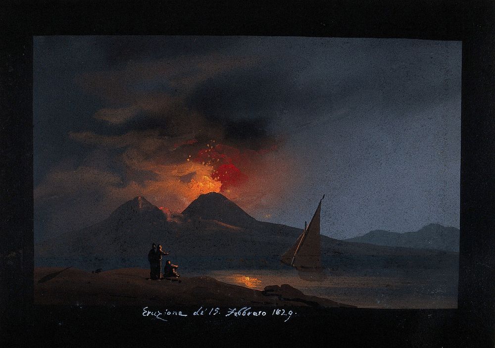 Mount Vesuvius in eruption at night, showing the Bay of Naples in the foreground with a sailing boat, and spectators on the…