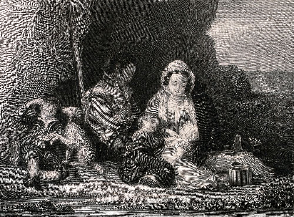 A soldier's family rest in a small cove, his wife amuses the children while he sleeps. Engraving by W. Greatbach, 1830…