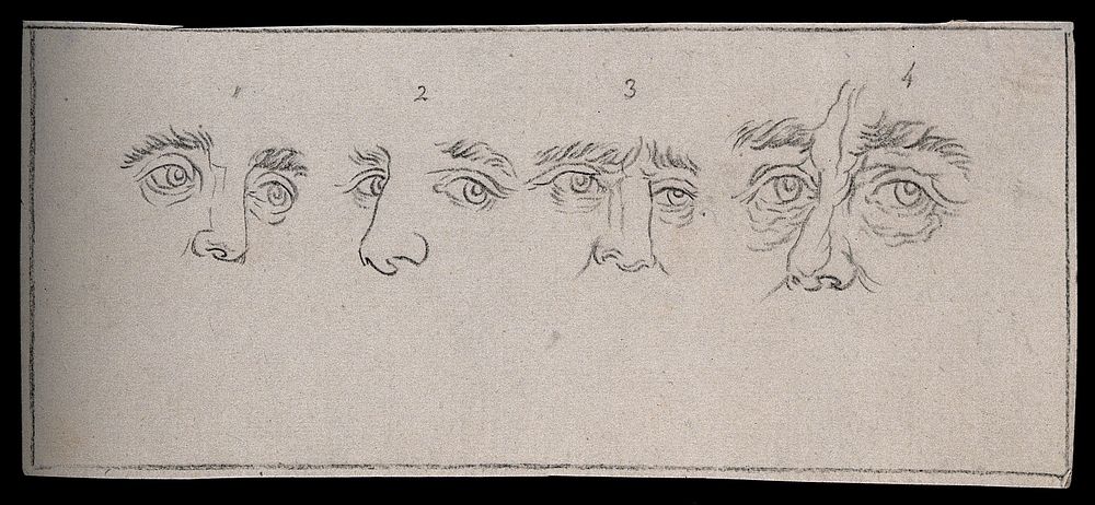 Four designs of upper parts of faces, expressing different characters. Drawing, c. 1793.