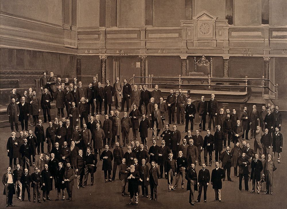 First London County Council: painted debating-chamber in the background. Photograph by G. Jerrard, ca. 1889.