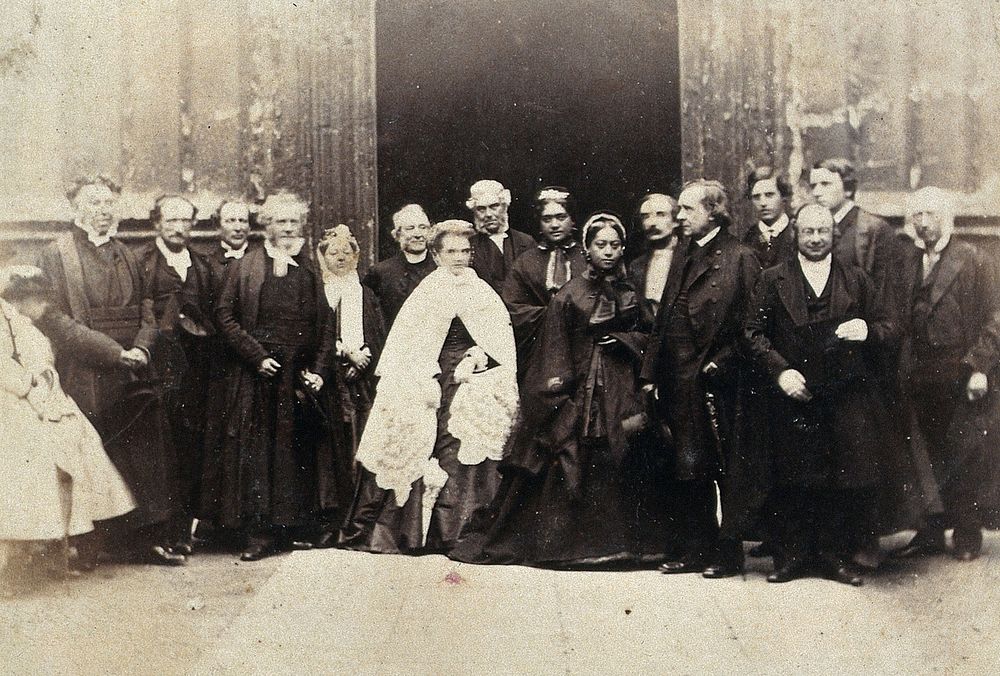 The "Queen of the Sandwich Islands" visiting Oxford, with Oxford dignitaries. Photograph, 1866.