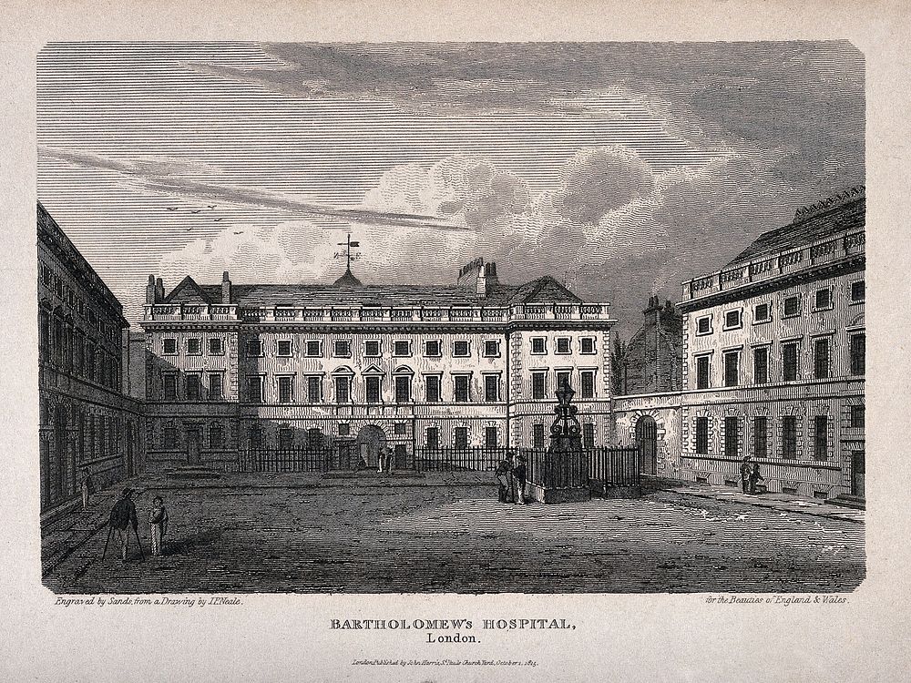 St Bartholomew's Hospital, London: the courtyard with eight people. Engraving by R. Sands after J. P. Neale, 1815.