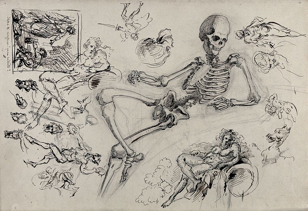 A skeleton in the pose of a classical river god surrounded by several sketches of river gods and other figures. Pen and ink…