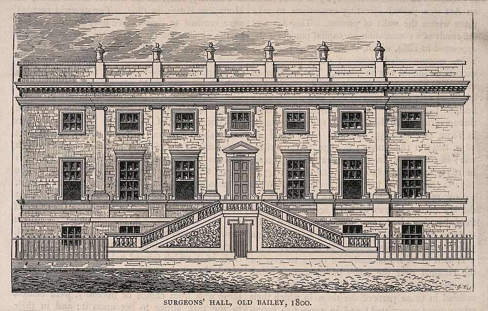Surgeons' Hall, Old Bailey, London: the facade. Wood engraving after an engraving of 1800.