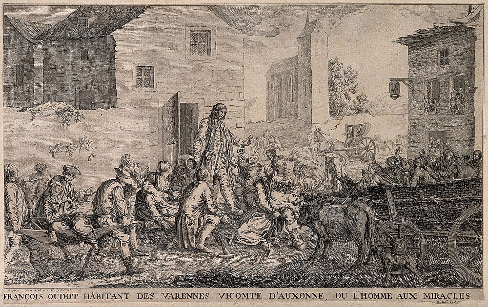 François Oudot, Viscount of Auxonne, healing and exorcising people in a village square. Etching, 1760, after F. Devosge.