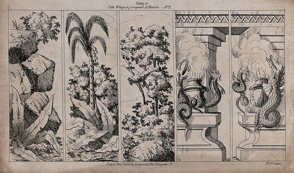 Scenery to be used in a toy theatre: a rocky overhang, a palm tree and vegetation, trees and bushes and a ceremonial fire…