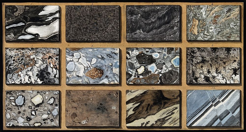Polished schists of marble and other mixed stones from Mount Vesuvius. Coloured etching by Pietro Fabris, 1776.
