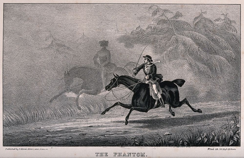 The highwayman Dick Turpin, on horseback, sees a phantom riding next to him. Lithograph by W. Clerk, ca. 1839.