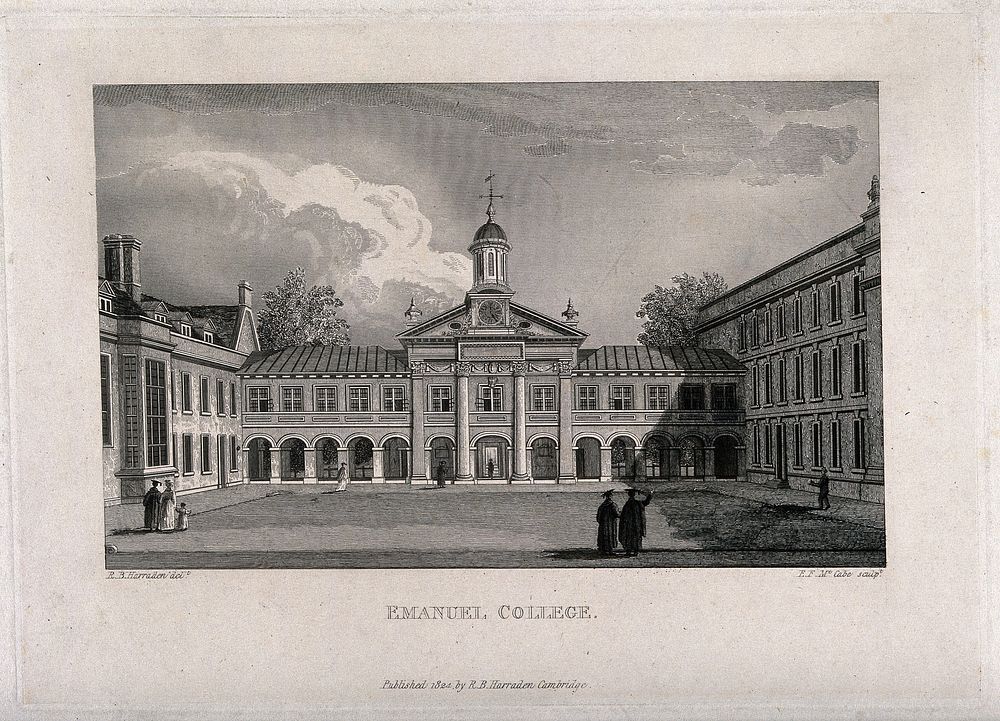 Emmanuel College, Cambridge: Front Court, showing the facade of the Chapel. Line engraving by E.F. McCabe, 1824, after R.B.…
