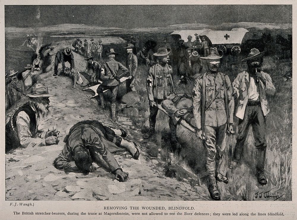 Boer War: British ambulance men taking the dead and wounded blindfolded behind enemy lines. Reproduction of a watercolour by…