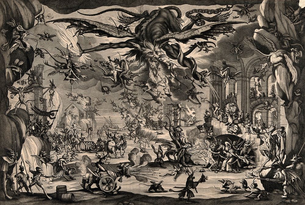 The torment of Saint Antony. Engraving by P. Picault after J. Callot.