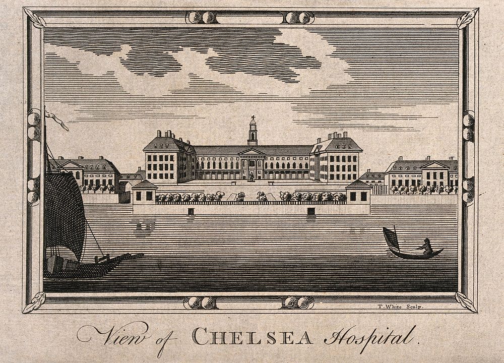 The Royal Hospital, Chelsea: viewed from the Surrey bank with boats on the river. Engraving by T. White.