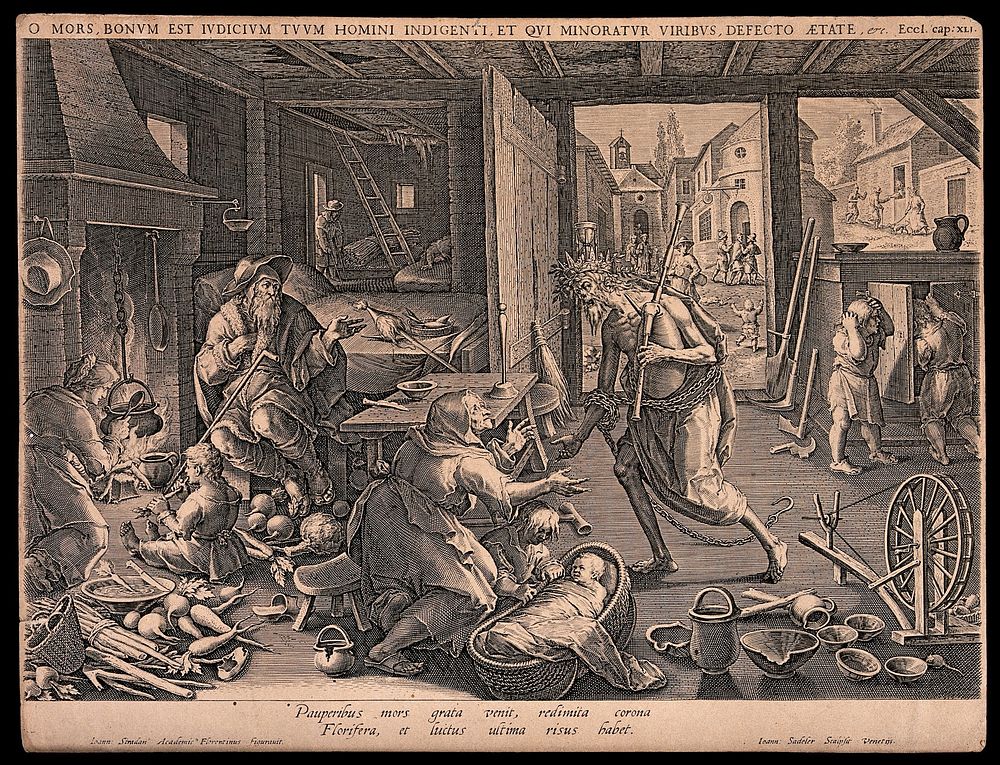 Death visits the paupers' house. Engraving by Johan Sadeler after Jan van der Straet.