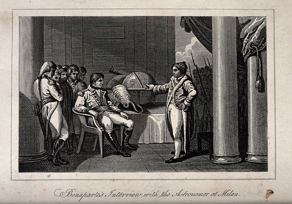 Astronomy: Napoleon Bonaparte listening to an astronomer in Milan. Engraving.