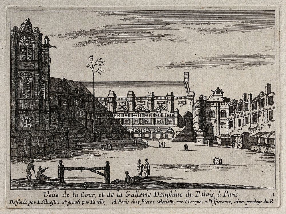 Courtyard and gallery of the Palais Dauphine in Paris. Etching by Perelle after I. Silvestre.