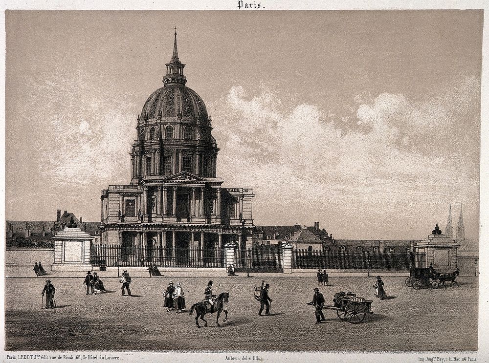 Hôtel des Invalides, Paris. Tinted lithograph by Aubrun after himself.