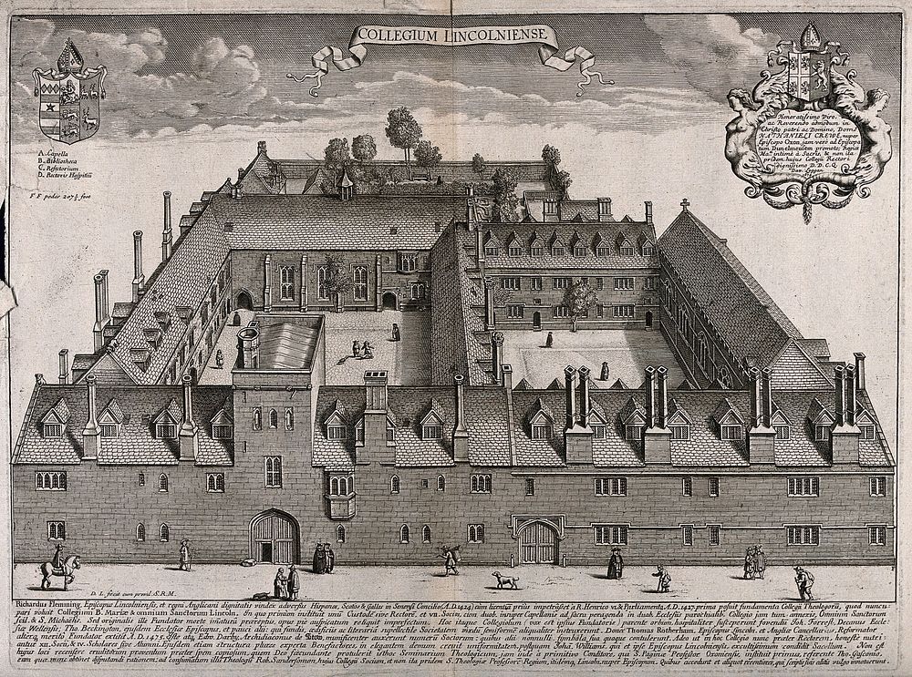 Lincoln College, Oxford: bird's-eye view with coat of arms. Etching by D. Loggan, 1674.
