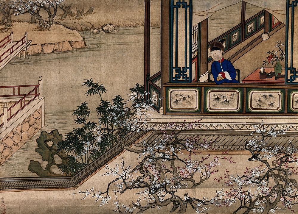A Chinese lady in a blue dress, seated, right, looks out of a window at a water-garden, left; trees in blossom in the…