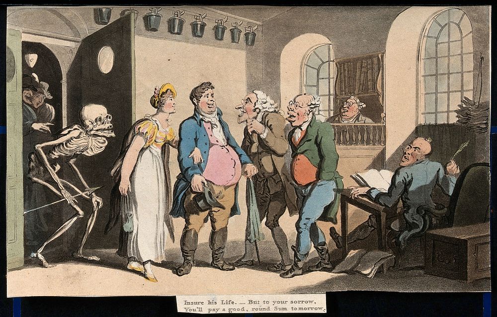 The dance of death: the insurance office. Coloured aquatint after T. Rowlandson, 1816.