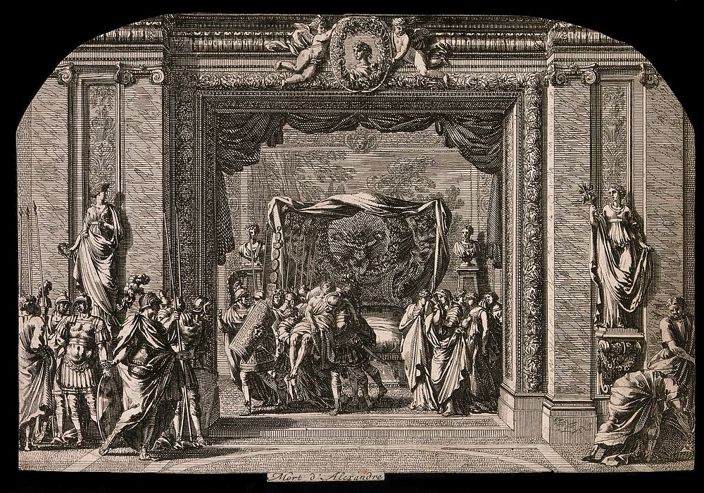 The deceased Alexander is carried from his bed. Etching.