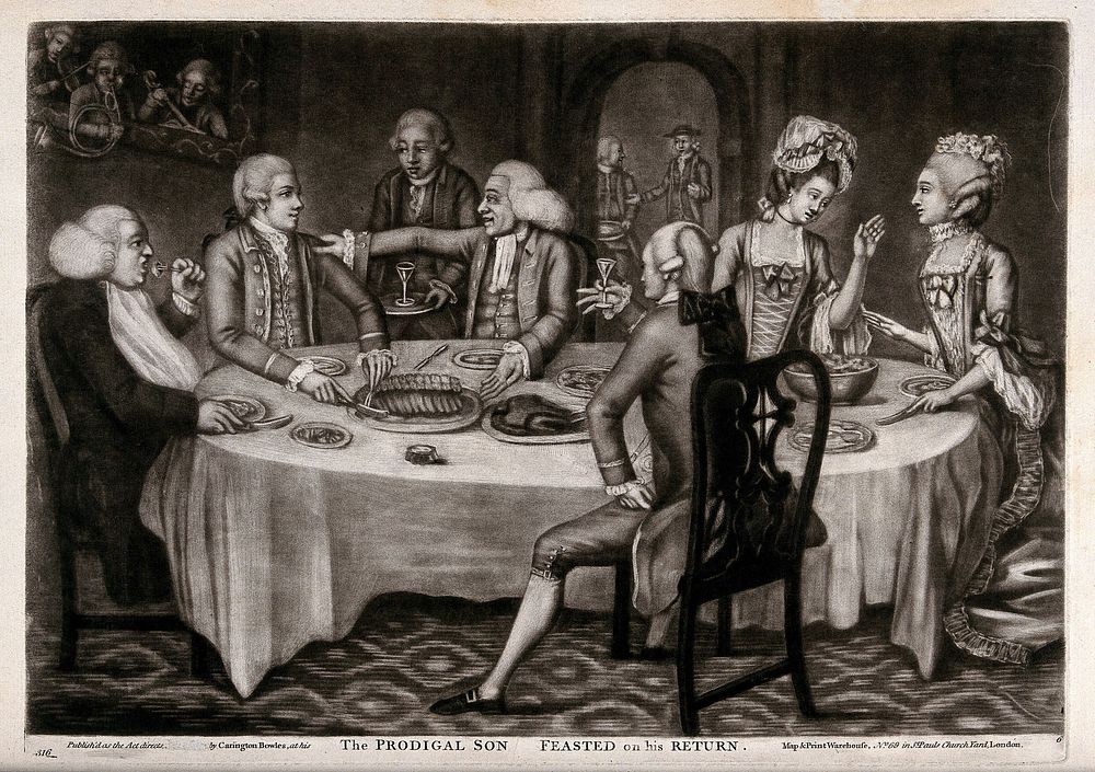 A family sits at the dinner table where the son is being welcomed home. Mezzotint.