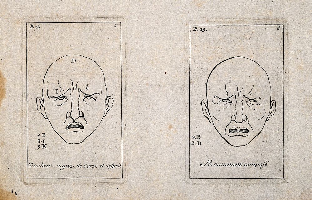 Two outlines of faces expressing joy (left) and the movement of the face in sadness (right). Etching by B. Picart, 1713…