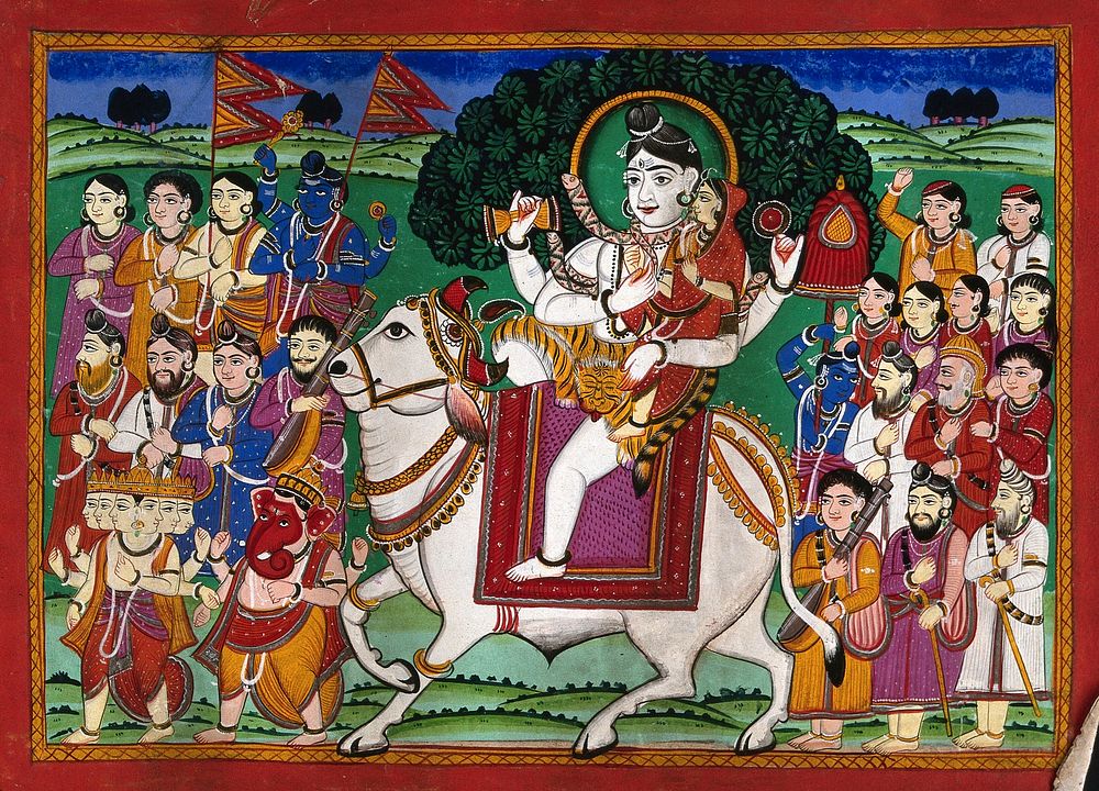 Shiva and Parvati mounted on Nandi bull in a procession led by Brahma and Hanuman and attendants. Gouache drawing.