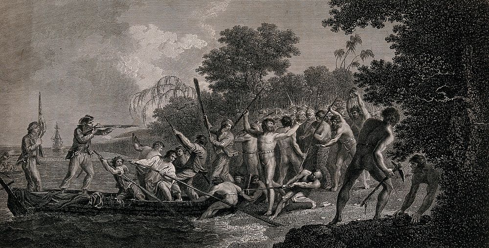 The landing of Captain Cook's men on the island of Eromanga, Vanuatu, in August 1774, resisted by a crowd of hostile…