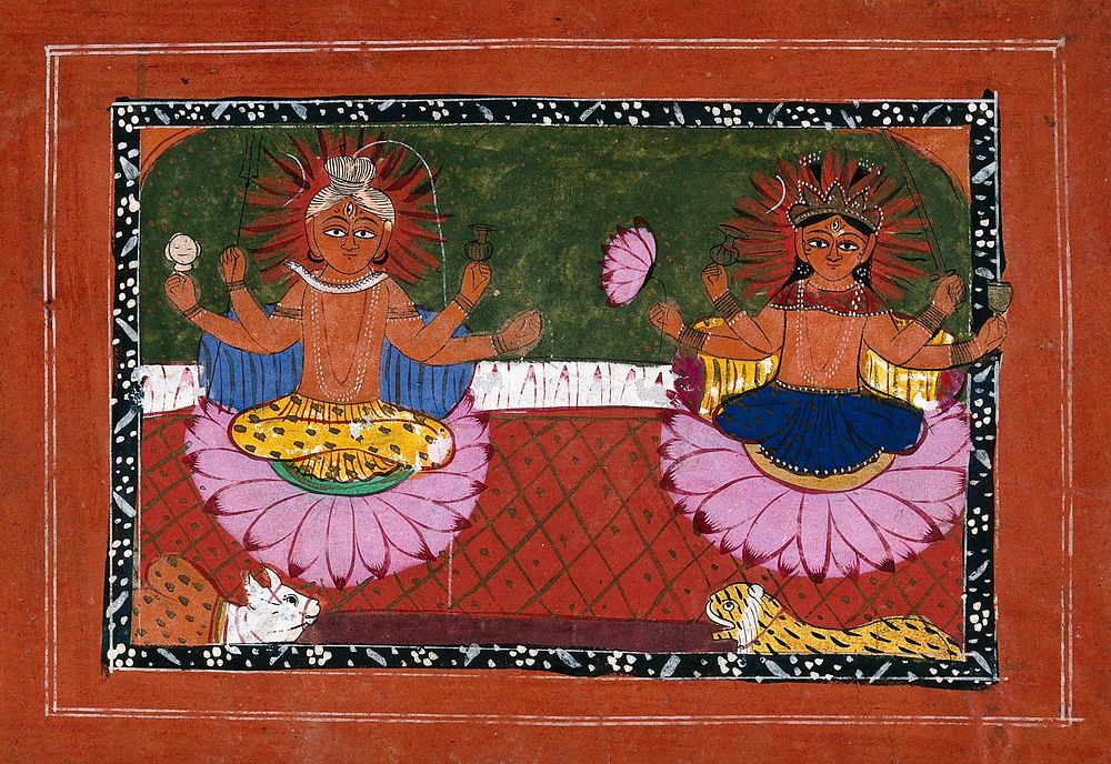 Shiva with the Ganges and Nandi bull with Durga and lion seated on lotuses. Gouache drawing.