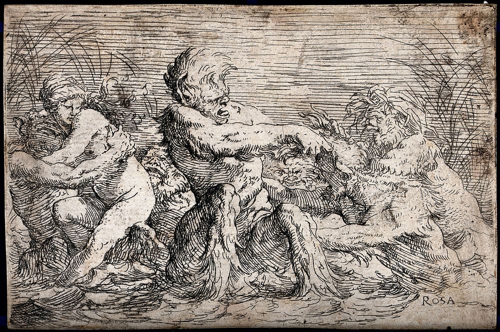 Tritons fighting over a nereid. Etching by S. Rosa.