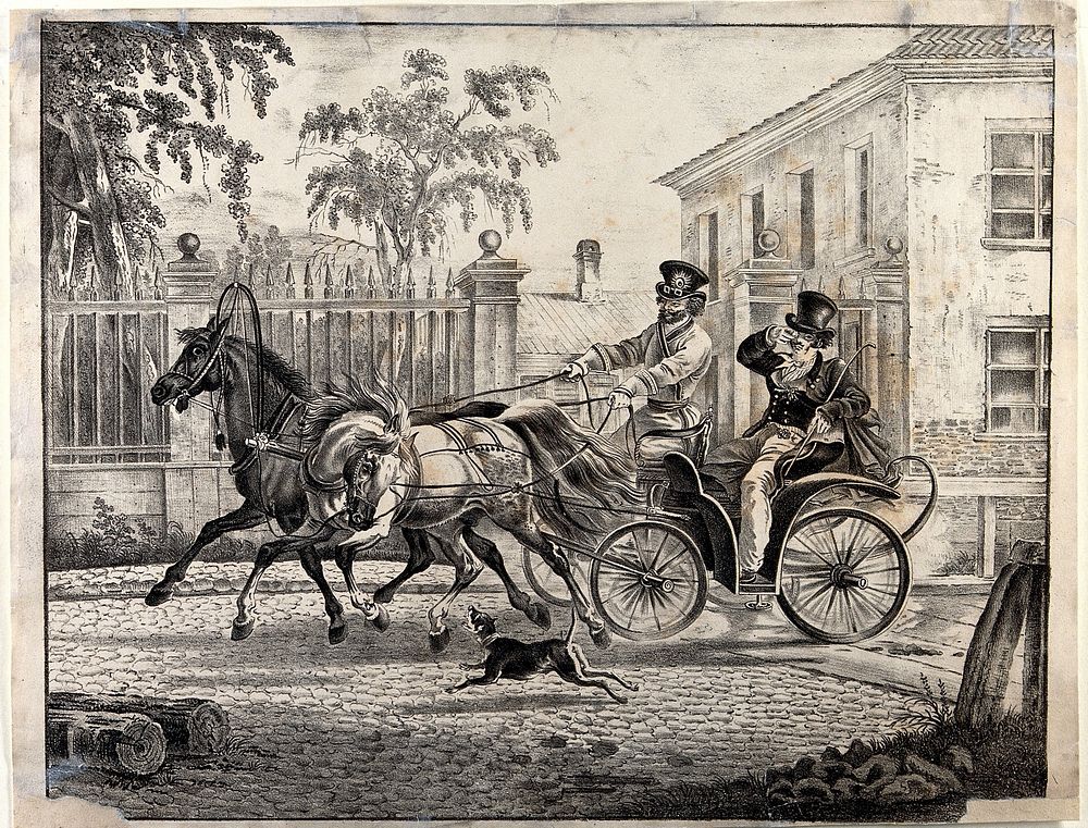 A Russian gentleman being driven in a two-horse town carriage (or droschki), while a small dog runs alongside. Lithograph…