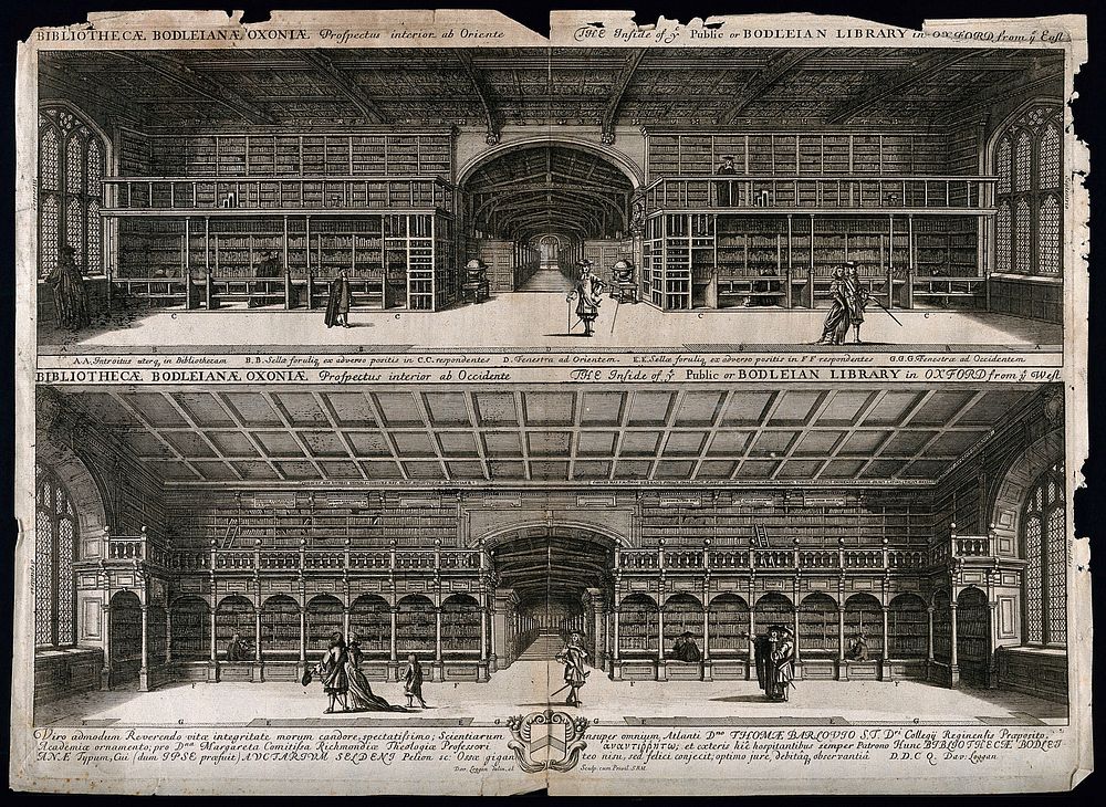 Bodleian Library, Oxford: two panoramic views of the interior and a key. Line engraving by D. Loggan after himself.