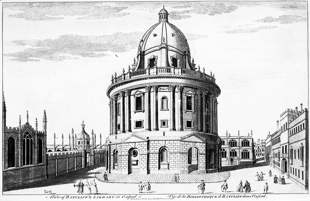Radcliffe Camera, Oxford: panoramic view with All Soul's College, Brasenose College and the Bodleian Library. Line engraving.