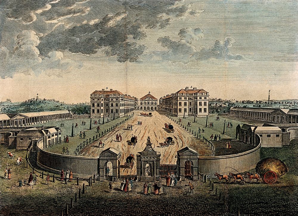 The Foundling Hospital, Holborn, London: a bird's-eye view of the courtyard, numbered for a key. Coloured engraving after L.…